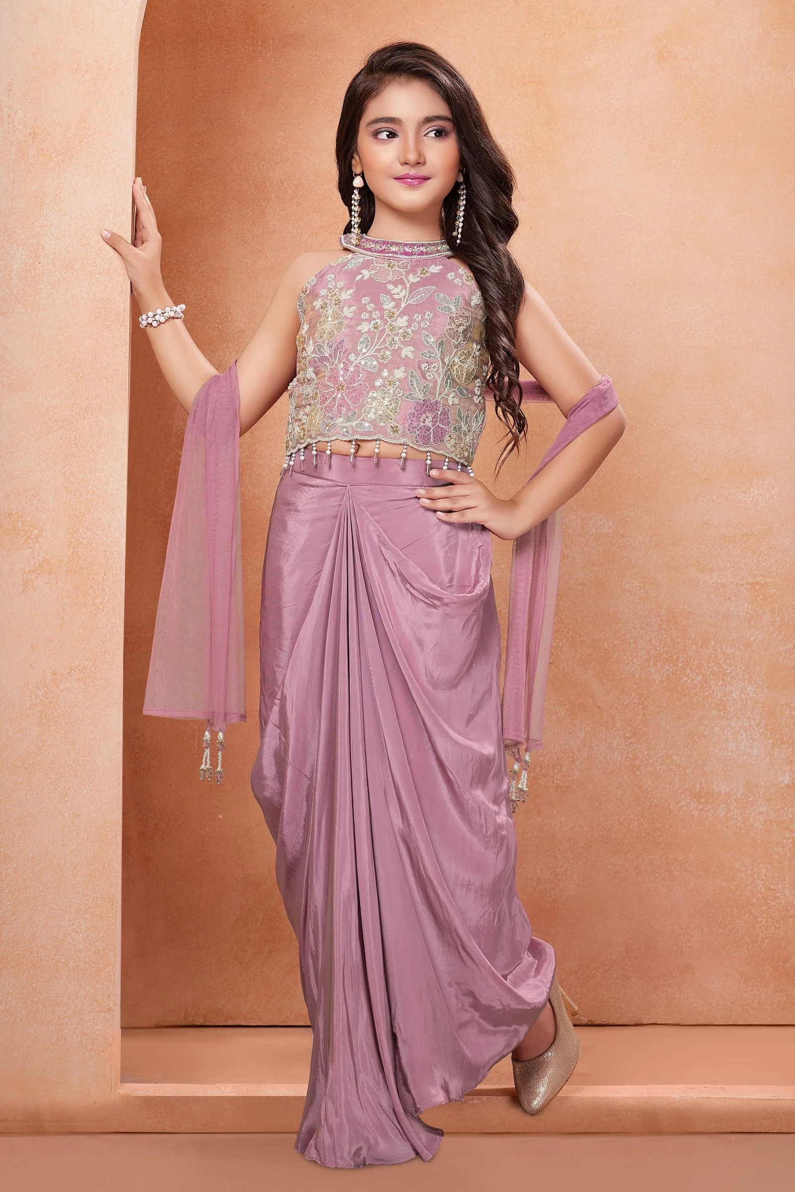 Onion Pink Beads, Sequins and Multicolor Thread work Choli